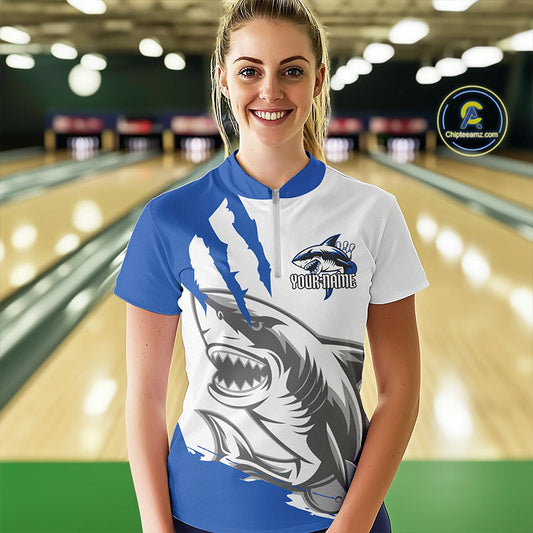 Custom White And Blue Shark Jerseys, Bowling Team Women Quarter-Zip Shirts Bowlers Outfit IPHW8990