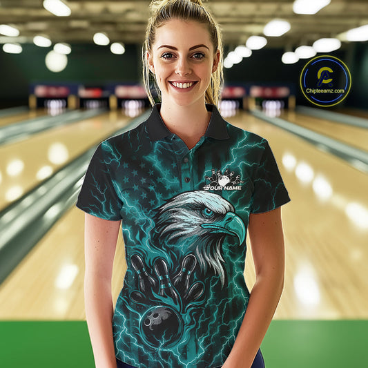 Custom Turquoise Blue Lightning Flame Eagle Women Bowling Shirt, Patriotic US Team Shirt IPHW10172