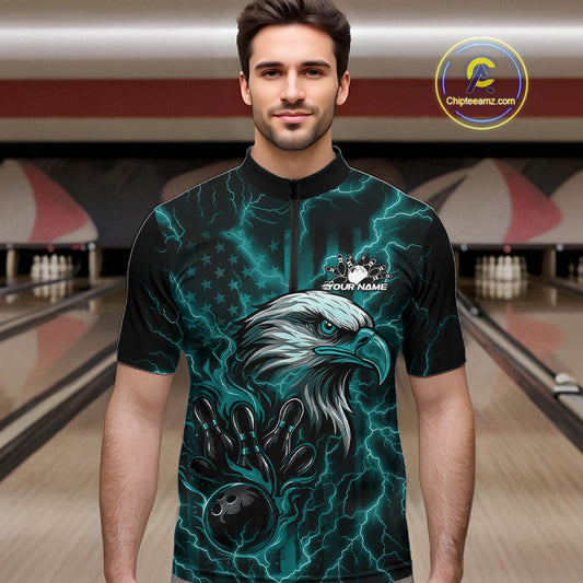 Custom Turquoise Blue Lightning Flame Eagle Men Bowling Shirt, Patriotic US Team Shirt IPHW10172