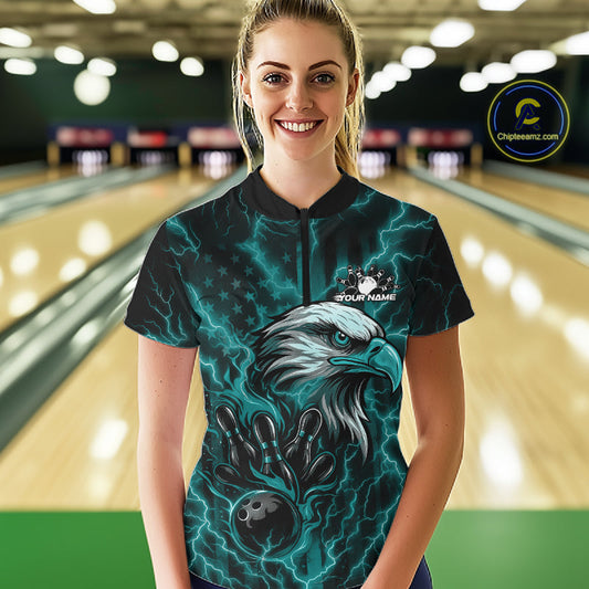 Custom Turquoise Blue Lightning Flame Eagle Women Bowling Shirt, Patriotic US Team Shirt IPHW10172
