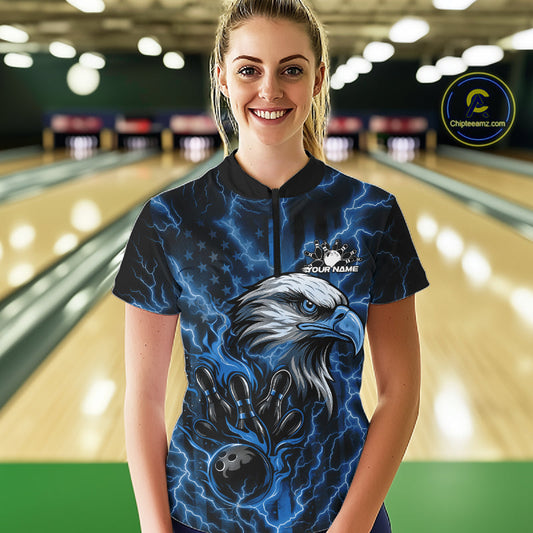 Custom Mid Blue Lightning Flame Eagle Women Bowling Shirt, Patriotic US Team Shirt IPHW10173