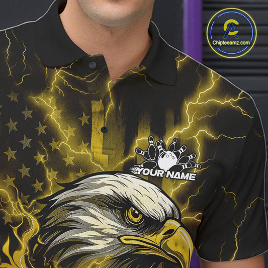 Custom Yellow Lightning Flame Eagle Men Bowling Shirt, Patriotic US Team Shirt IPHW10174