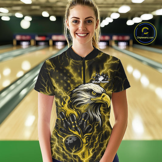 Custom Yellow Lightning Flame Eagle Women Bowling Shirt, Patriotic US Team Shirt IPHW10174