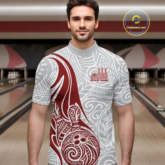 Custom Red Polynesian Tribal Bowling Men Quarter-Zip Shirt, Maori Style Bowling Shirt IPHW10337
