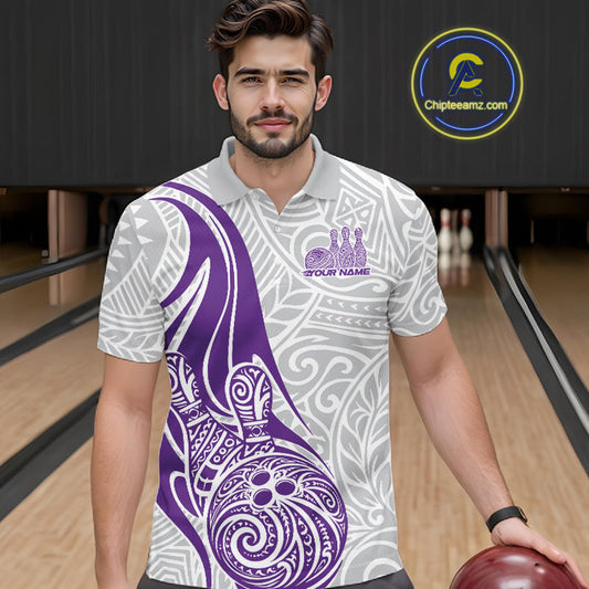 Custom Purple Polynesian Tribal Bowling Men Polo Shirt, Maori Style Bowling Shirt IPHW10339