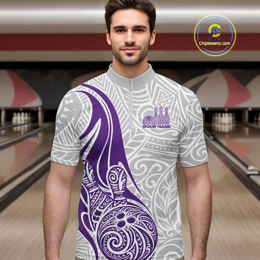 Custom Purple Polynesian Tribal Bowling Men Quarter-Zip Shirt, Maori Style Bowling Shirt IPHW10339
