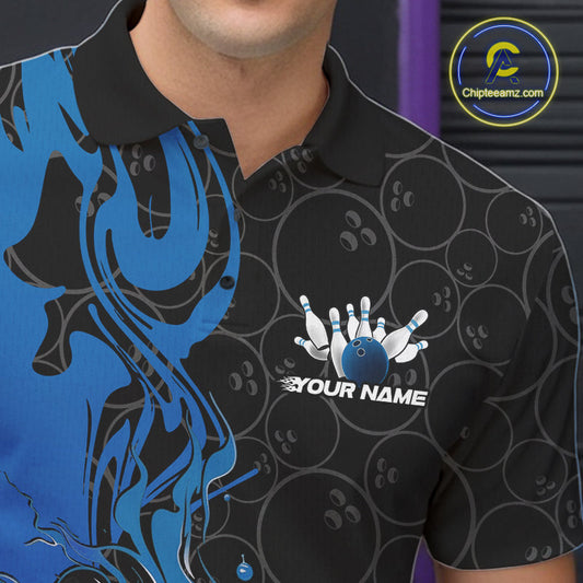 Custom Black And Blue Fire Flame Bowling Team Men Polo Shirts, Bowling League Shirt IPHW10185