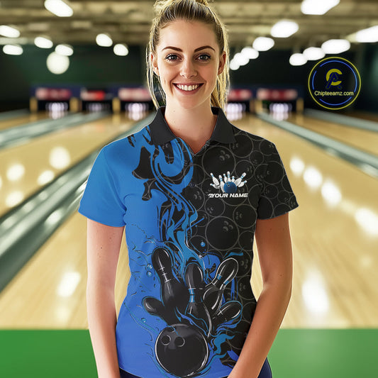 Custom Black And Blue Fire Flame Bowling Team Women Polo Shirts, Bowling League Shirt IPHW10185