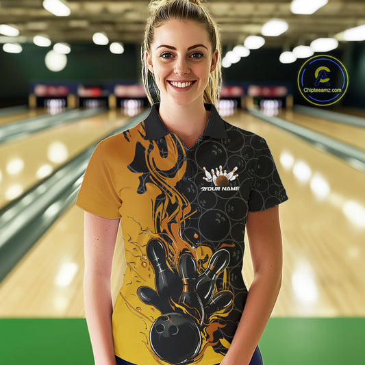 Custom Black And Gold Flame Bowling Team Women Polo Shirts, Yellow Bowling League Shirt IPHW10188