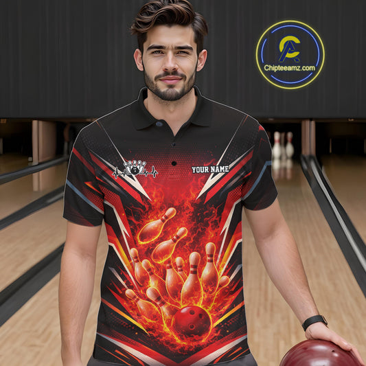 Male model wearing a black and red bowling polo inside a bowling center with explosive bowling strike artwork.
