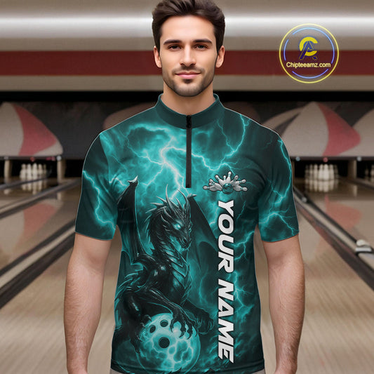 Custom Turquoise Blue Thunder Lightning Bowling Team Men Quarter-Zip Shirt, Bowling Jerseys IPHW10196