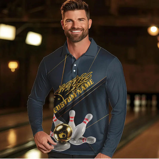 Custom Golden Bowling Long Sleeve Polo Shirts For Men, Flame Bowling Team Shirts Bowling Uniform IPHW7335