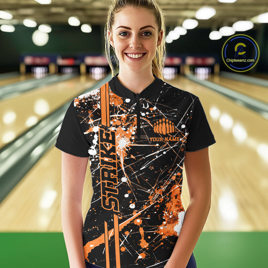 Custom Black And Orange Splatter Camo Strike Bowling League Shirt, Women Bowling Jerseys IPHW10650