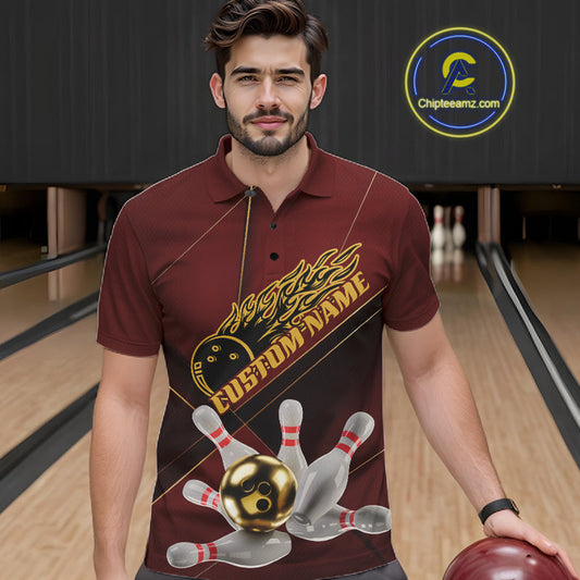 Custom Red And Gold Bowling Shirts For Men, Flame Bowling Team Shirts Bowling Uniform IPHW10660
