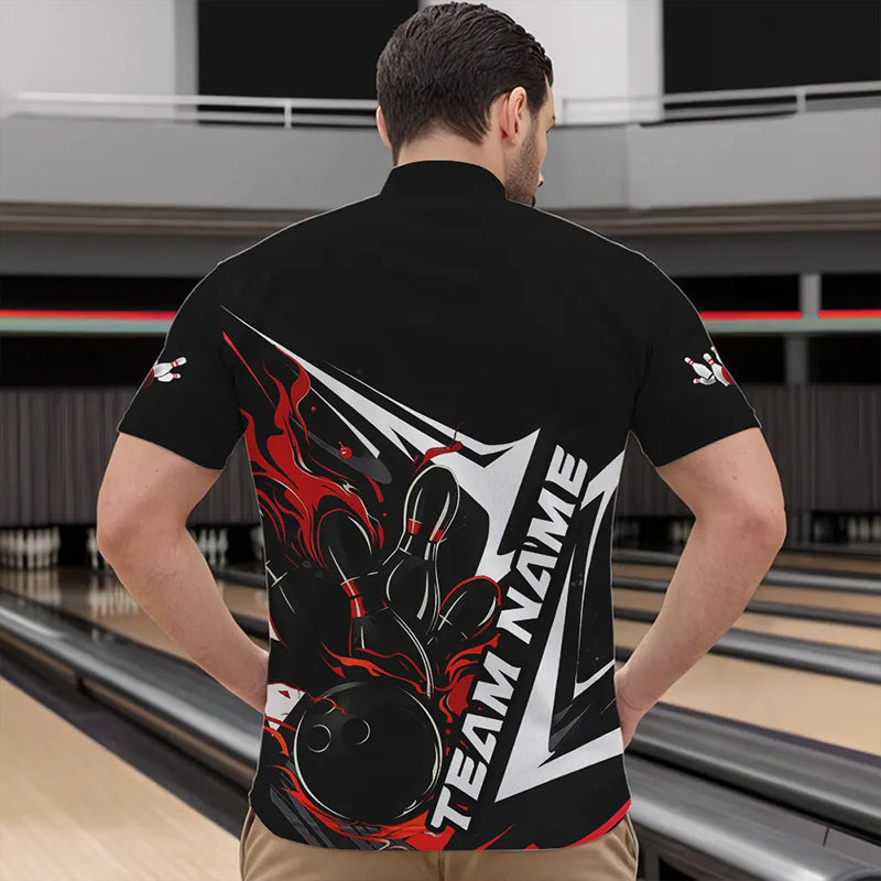 Custom Black And Red Flame Strike Bowling Quarter-Zip Shirts For Men, Strike Bowling Jerseys IPHW8312