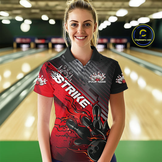 Custom Red Strike Flame Bowling Polo Shirts For Women, Bowling Team Shirt Bowlers Outift IPHW9615