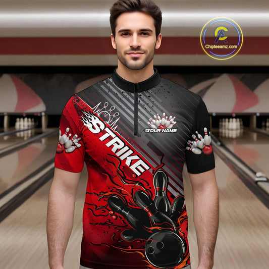 Custom Red Strike Flame Bowling Quarter-Zip Shirts For Men, Bowling Team Shirt Bowlers Outift IPHW9615