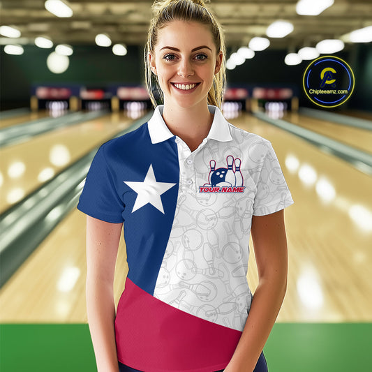 Custom Bowling Pattern Texeas Bowling Polo Shirts For Women, Texas Bowling League Shirt IPHW9629