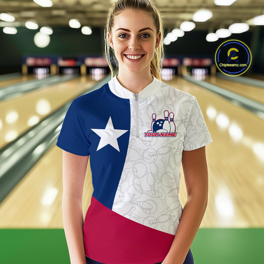 Custom Bowling Pattern Texeas Bowling Women Quarter Zip Shirt, Texas Bowling League Shirt IPHW9629