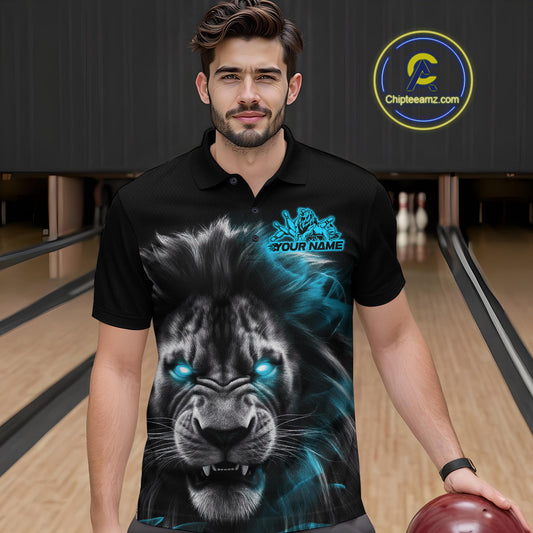 Custom Black And Blue Lion Bowling Polo Team Shirts For Men, Lion Bowling Jerseys IPHW9329