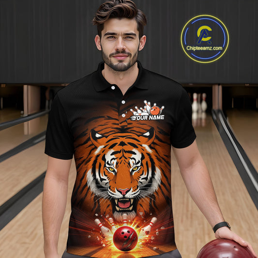 Custom Team Name Tiger Print Bowling Polo Shirts For Men, Bowling Team Tournament Outfit IPHW9092