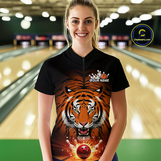 Custom Team Name Tiger Print Bowling Quarter-Zip Shirts For Women, Team Tournament Outfit IPHW9092