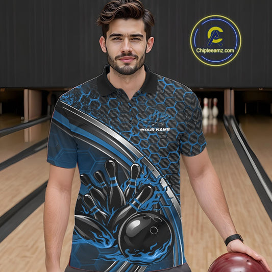 Male model in a bowling lane wearing a black and blue polo shirt with honeycomb texture and a dynamic flaming bowling strike graphic.