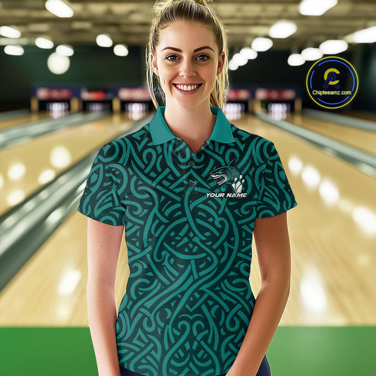 Custom Blue Tribal Shark Bowling Team Women Polo Shirt, Shark Bowling Tournament Shirt IPHW10177