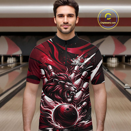 Custom Red Flame Bowling Ball Lion Bowling Jerseys, Lion Men Quarter-Zip Bowling Shirt IPHW10351