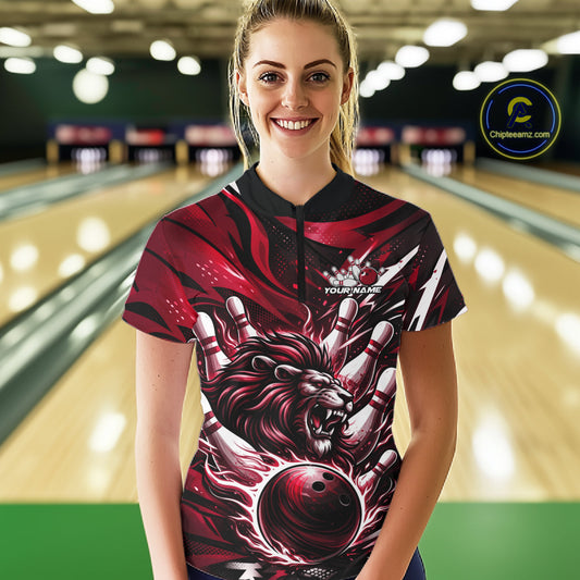 Custom Red Flame Bowling Ball Lion Bowling Jerseys, Lion Women Quarter-Zip Bowling Shirt IPHW10351