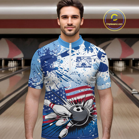 Custom Blue Camo Patriotic Bowling Quarter-Zip Shirts For Men, Bowling Team Uniform IPHW9595