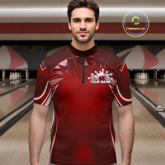 Custom Red Bowling Tournament Bowling Quarter-Zip Shirts For Men With Team Name IPHW9282