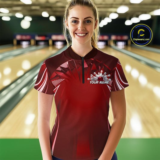 Custom Red Bowling Tournament Bowling Women Quarter-Zip Shirts With Team Name IPHW9282