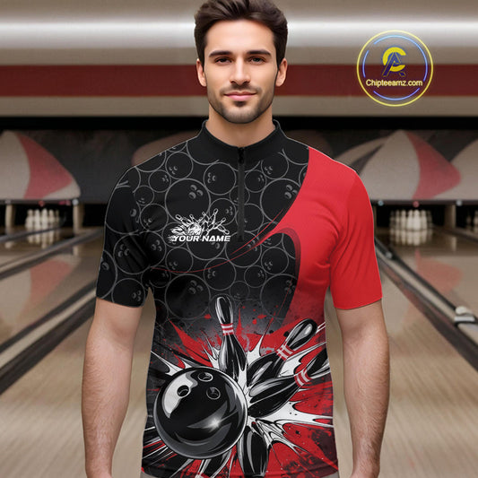 Custom Red Bowling Team Quarter-Zip Shirts For Men, Bowling Pattern Bowling League Shirt IPHW9623