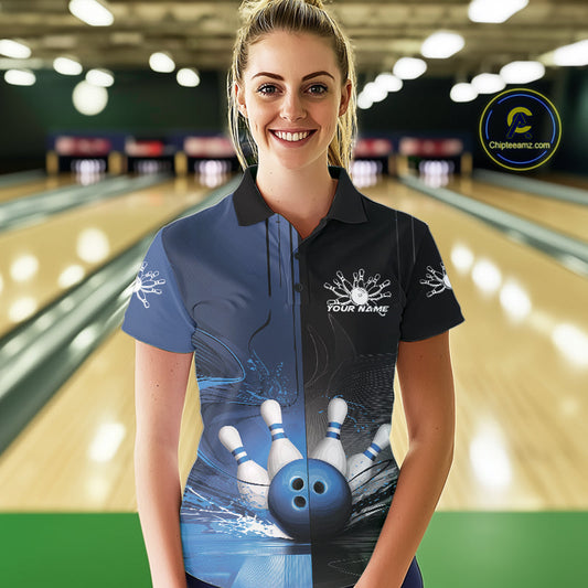 Half Black Half Blue Custom Bowling Team Polo Shirts For Women, Bowling Tournament Shirt IPHW9446