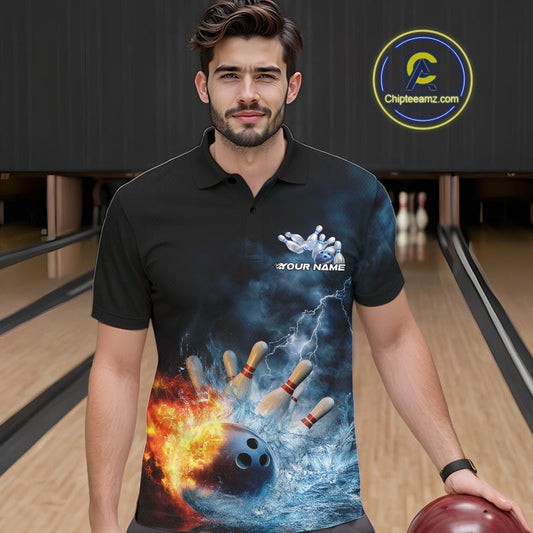 Custom Water And Fire Bowling Team Polo Shirts For Men, Thunder Lightning Bowling Uniform IPHW9450
