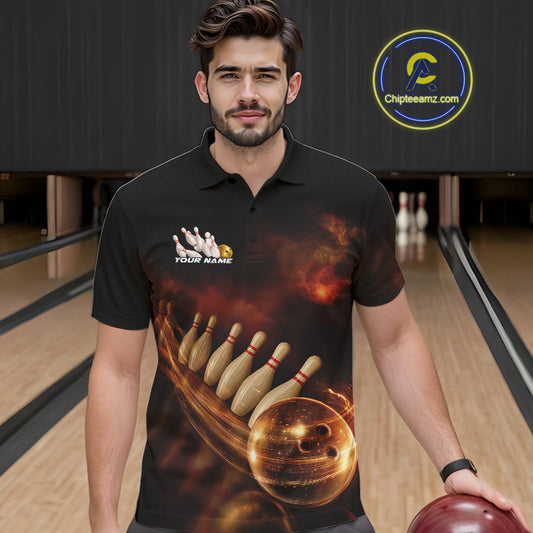 Custom Black And Gold Fire Energy Streaks Bowling Team Men Polo Shirts, Bowling Uniform IPHW9453