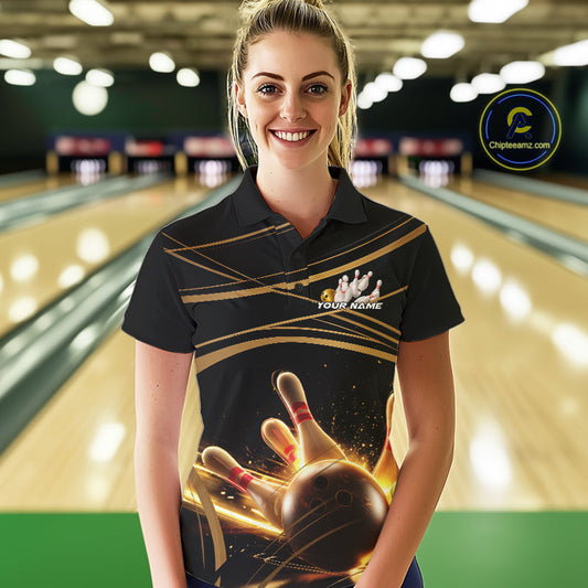 Custom Black And Gold Lane Glowing Bowling Ball And Pins Polo Team Shirts For Women IPHW9474