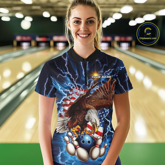 Custom Blue Lightning US Eagle Bowling Team Women Quarter-Zip Shirts, Patriotic Bowling IPHW9477