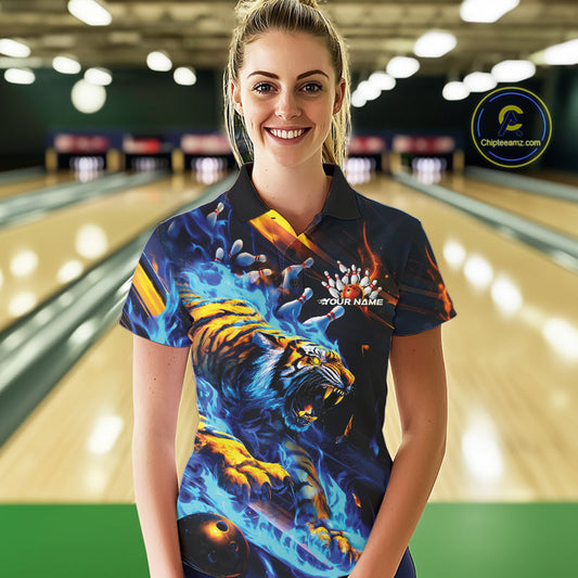 Custom Blue Fire Flame Tiger Bowling Team Polo Shirts For Women, Tiger Bowling Jerseys IPHW9482