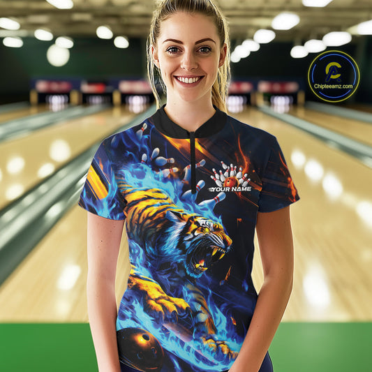 Custom Blue Fire Flame Tiger Bowling Team Women Quarter-Zip Shirts, Tiger Bowling Jerseys IPHW9482