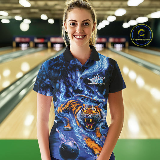 Custom Blue Fire Flame Tiger Bowling Team Polo Shirts For Women, Tiger Bowling Jerseys IPHW9484