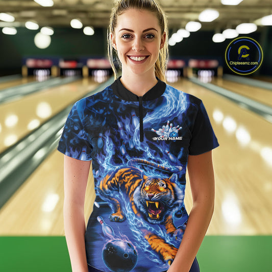Custom Blue Fire Flame Tiger Bowling Team Women Quarter-Zip Shirts, Tiger Bowling Jerseys IPHW9484