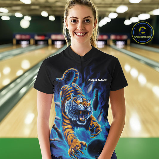 Custom Blue Fire Flame Tiger Bowling Team Women Quarter-Zip Shirts, Tiger Bowling Jerseys IPHW9485