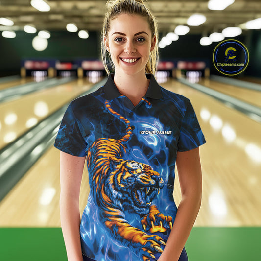 Custom Blue Fire Flame Tiger Bowling Team Polo Shirts For Women, Tiger Bowling Jerseys IPHW9486