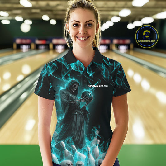 Custom Turquoise Blue Flame Grim Reaper Bowling Women Polo Shirts, Halloween Outfit IPHW9733