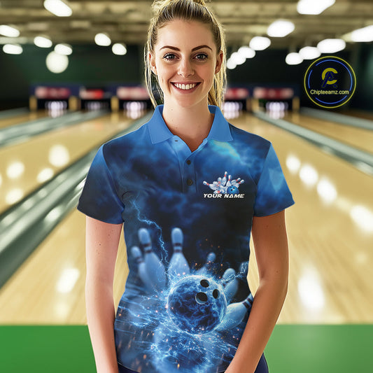 Custom Blue Thunder Lightning Bowling Team Women Polo Shirts, Bowling Jerseys IPHW9747