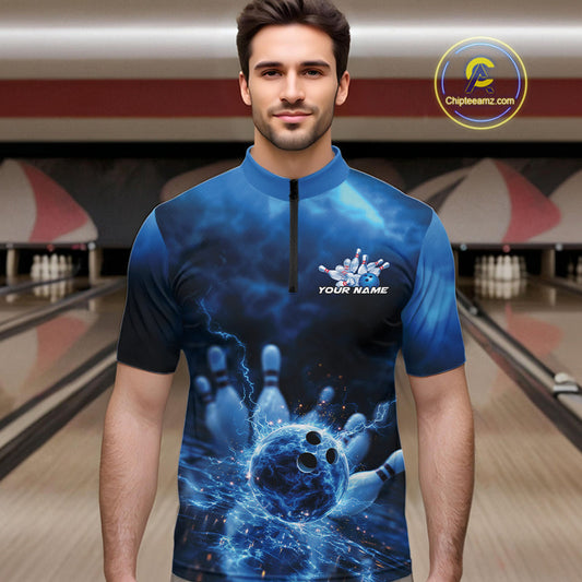 Custom Blue Thunder Lightning Bowling Team Men Quarter-Zip Shirts, Bowling Jerseys IPHW9747