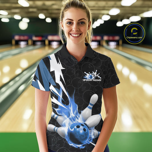Custom Fiery Blue Bowling Women Polo Shirts, Inferno Flame Bowling Team League Shirt IPHW9527