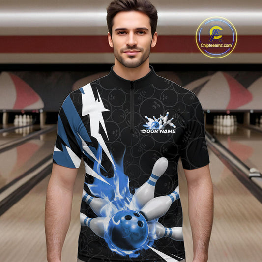 Custom Fiery Blue Bowling Men Quarter-Zip Shirts, Inferno Flame Bowling Team League Shirt IPHW9527